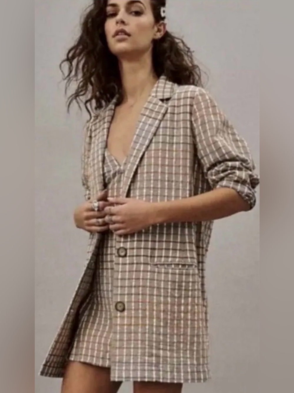 Taupe Plaid Long Blazer Jacket - Women's Checked Coat